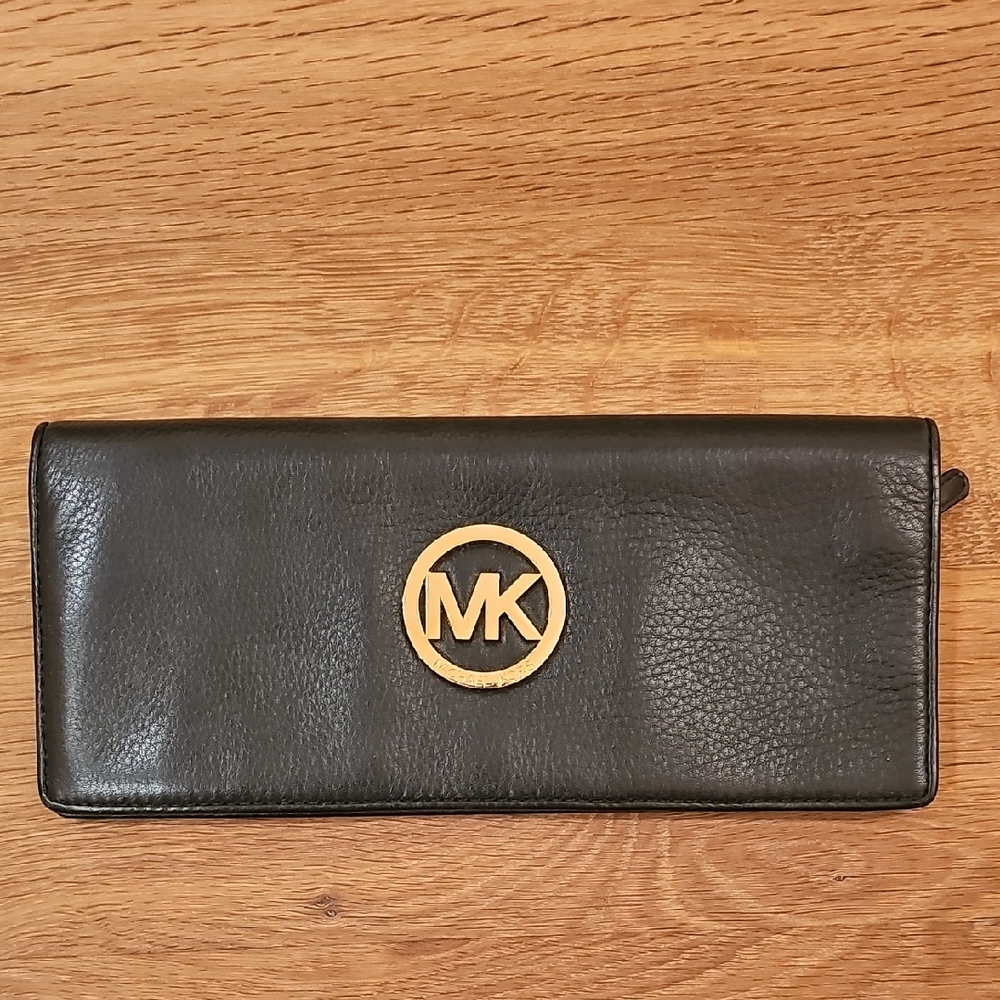 Michael Kors Black Leather Clutch with Gold Logo